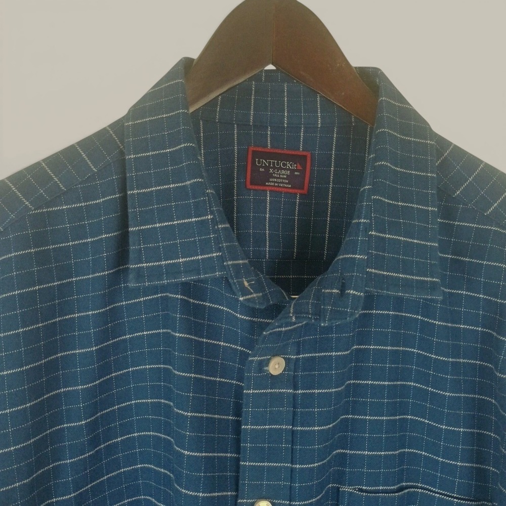 UNTUCKit Michelot Blue Windowpane Shirt Mens XL Tall Slim Flannel Long Sleeve
